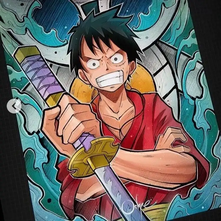 Illustration of Monkey D. Luffy with a vibrant water background, suggesting an oceanic adventure.