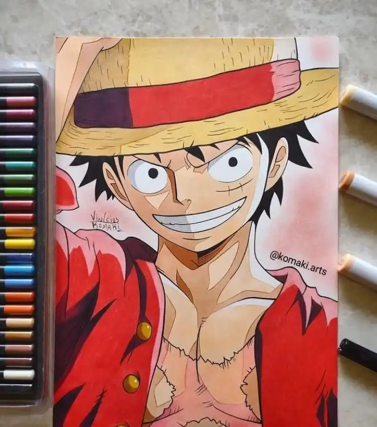 Portrait drawing of Monkey D. Luffy wearing his iconic straw hat, a symbol of his journey.