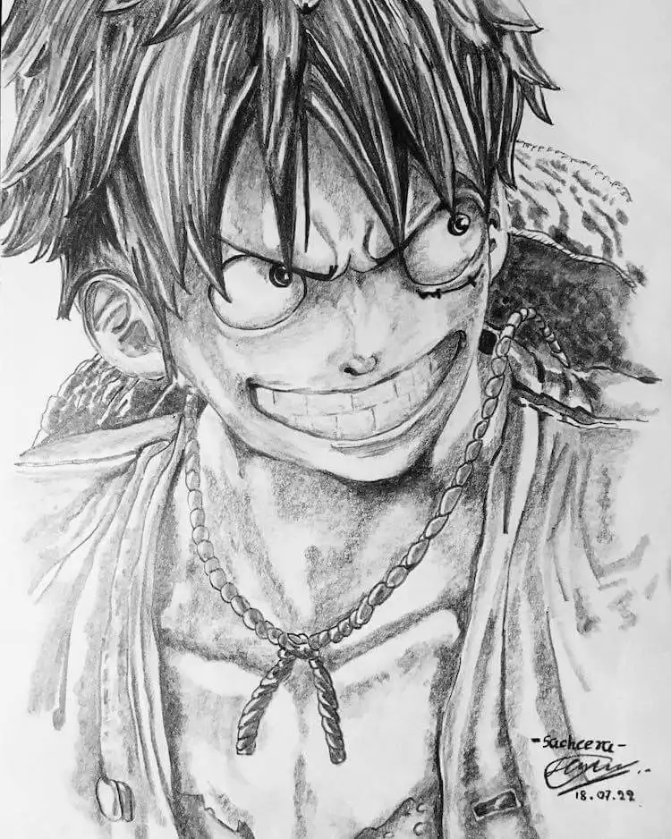 Sketch of Monkey D. Luffy with a mischievous expression, showing his playful and cunning side.