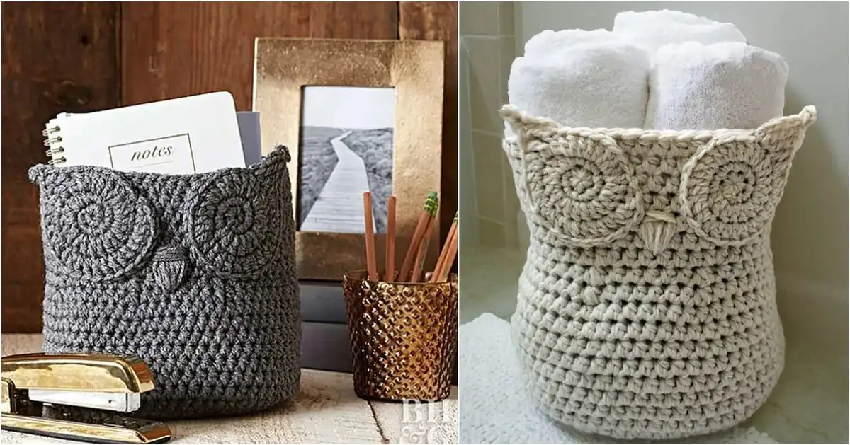 Charming owl basket container made from chunky yarn, perfect for home organization, featuring the Owl Basket Container Free Crochet Pattern.