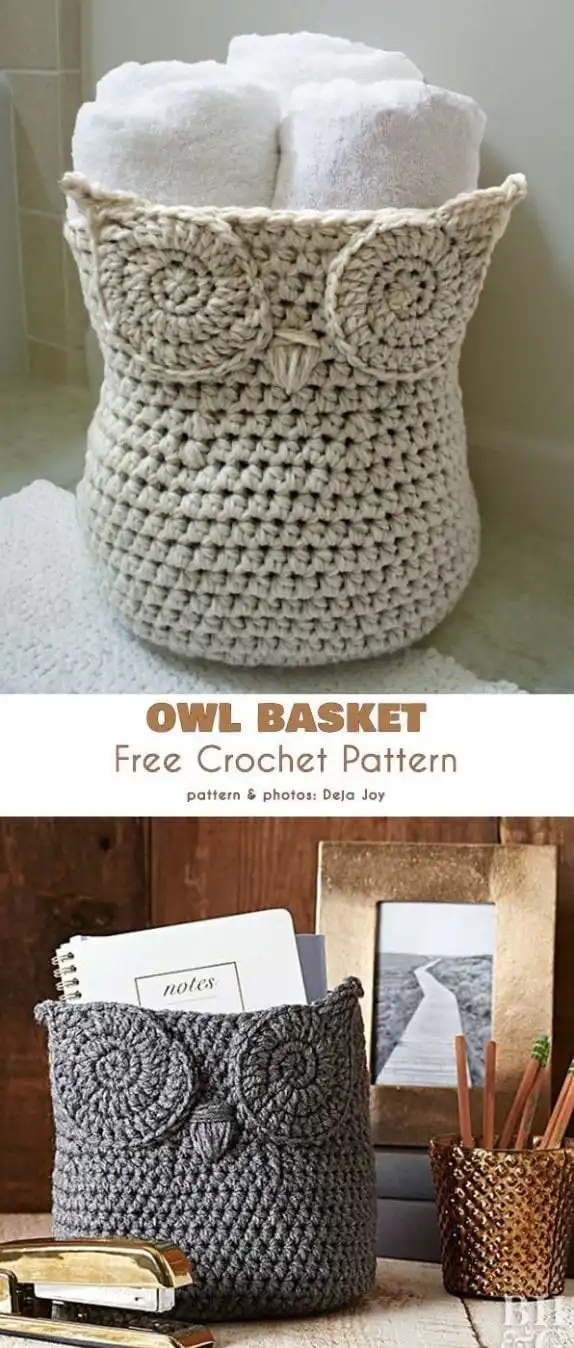 Detailed view of the thick stitches and adorable owl face of the crochet basket, showcasing the Owl Basket Container Free Crochet Pattern.