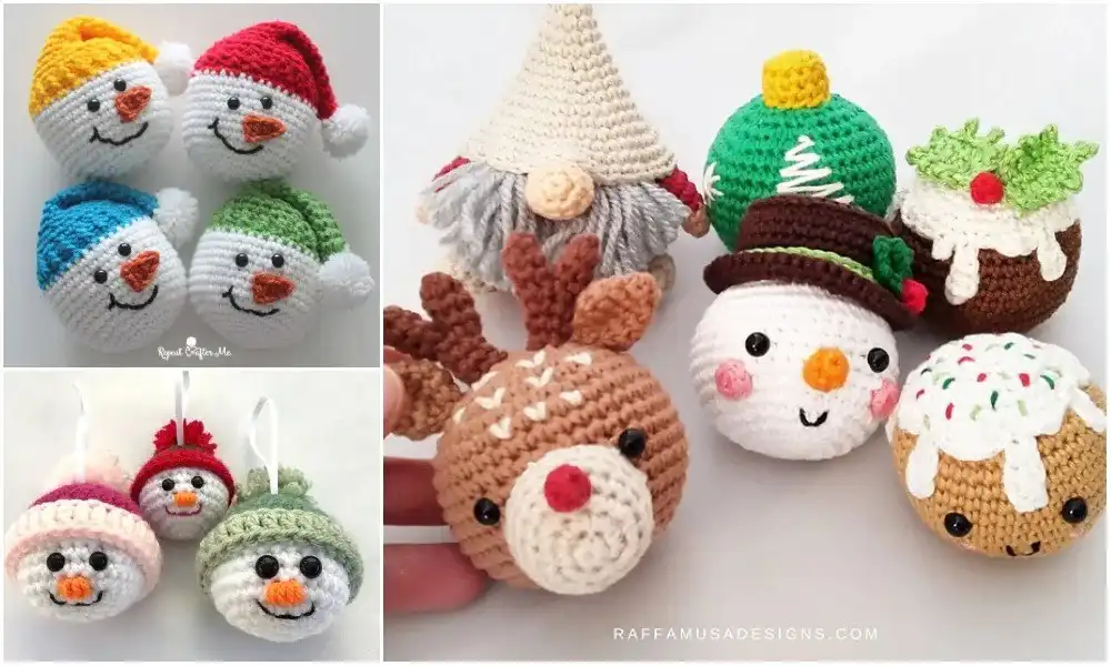 Personalized Christmas Baubles – Custom & Free Crochet Ornament Patterns 1 A vibrant collection of crocheted Personalized Christmas Baubles, including snowmen, reindeer, and custom lettered ornaments, artfully displayed on a festive background.