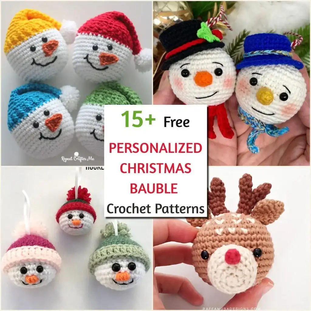 Personalized Christmas Baubles – Custom & Free Crochet Ornament Patterns 2 Close-up of two crocheted Snowman Ornaments with red and blue hats and scarves, held against a soft festive background, highlighting their friendly smiles.