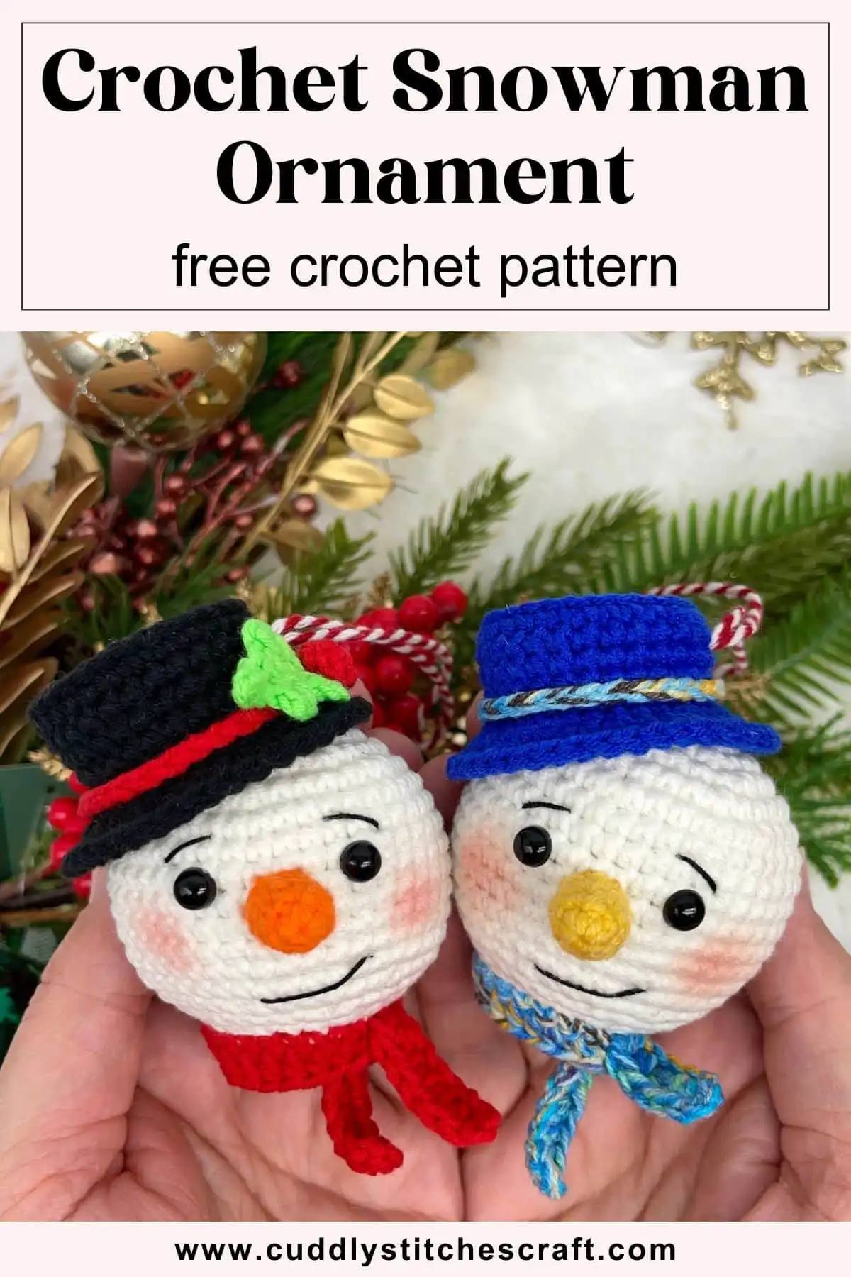 Personalized Christmas Baubles – Custom & Free Crochet Ornament Patterns 4 Three adorable crocheted Snowman Baubles in pink, red, and green hats, each with a white hanging loop, neatly arranged on a clean white surface.