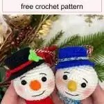 Personalized Christmas Baubles – Custom & Free Crochet Ornament Patterns 6 Three simple yet cute crocheted Christmas Ornament Collection characters: a reindeer head, a snowman face, and a penguin face with a blue hat, ready for hanging.