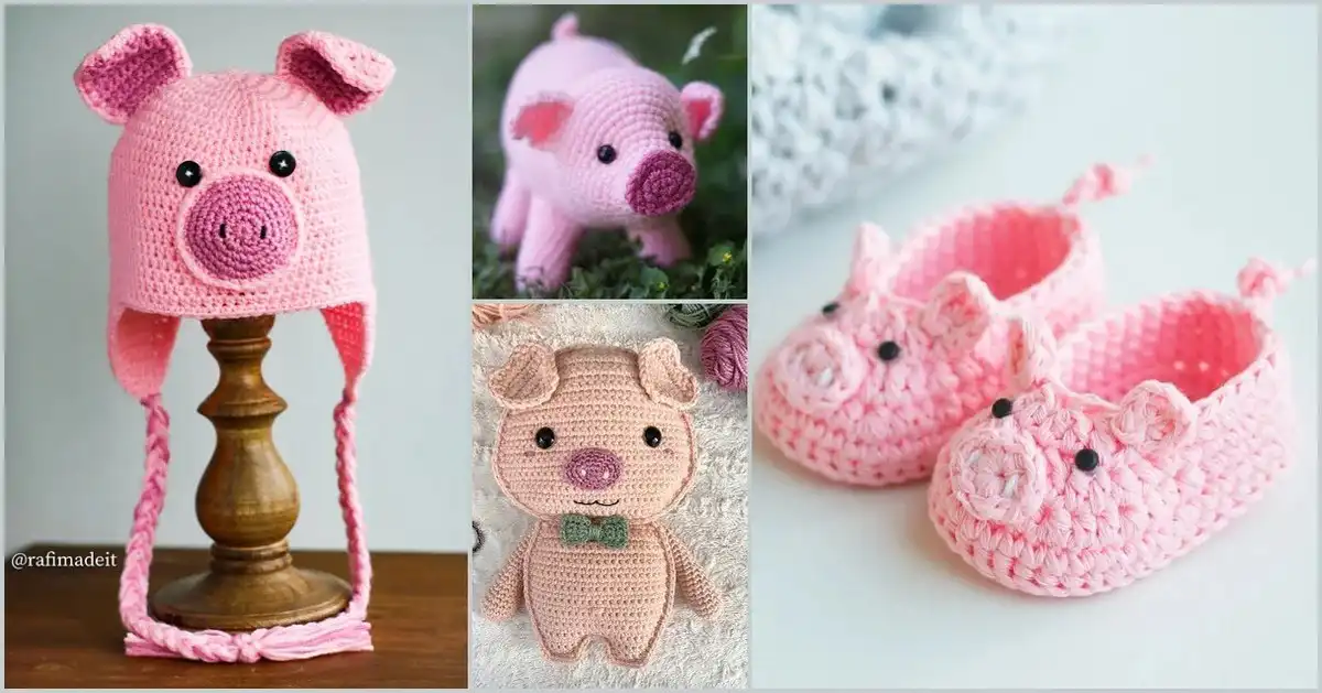 A collection of cute pig-themed crochet items including hats, booties, and amigurumi toys, showcasing Pig Ideas for Baby and Toddler Free Crochet Patterns.