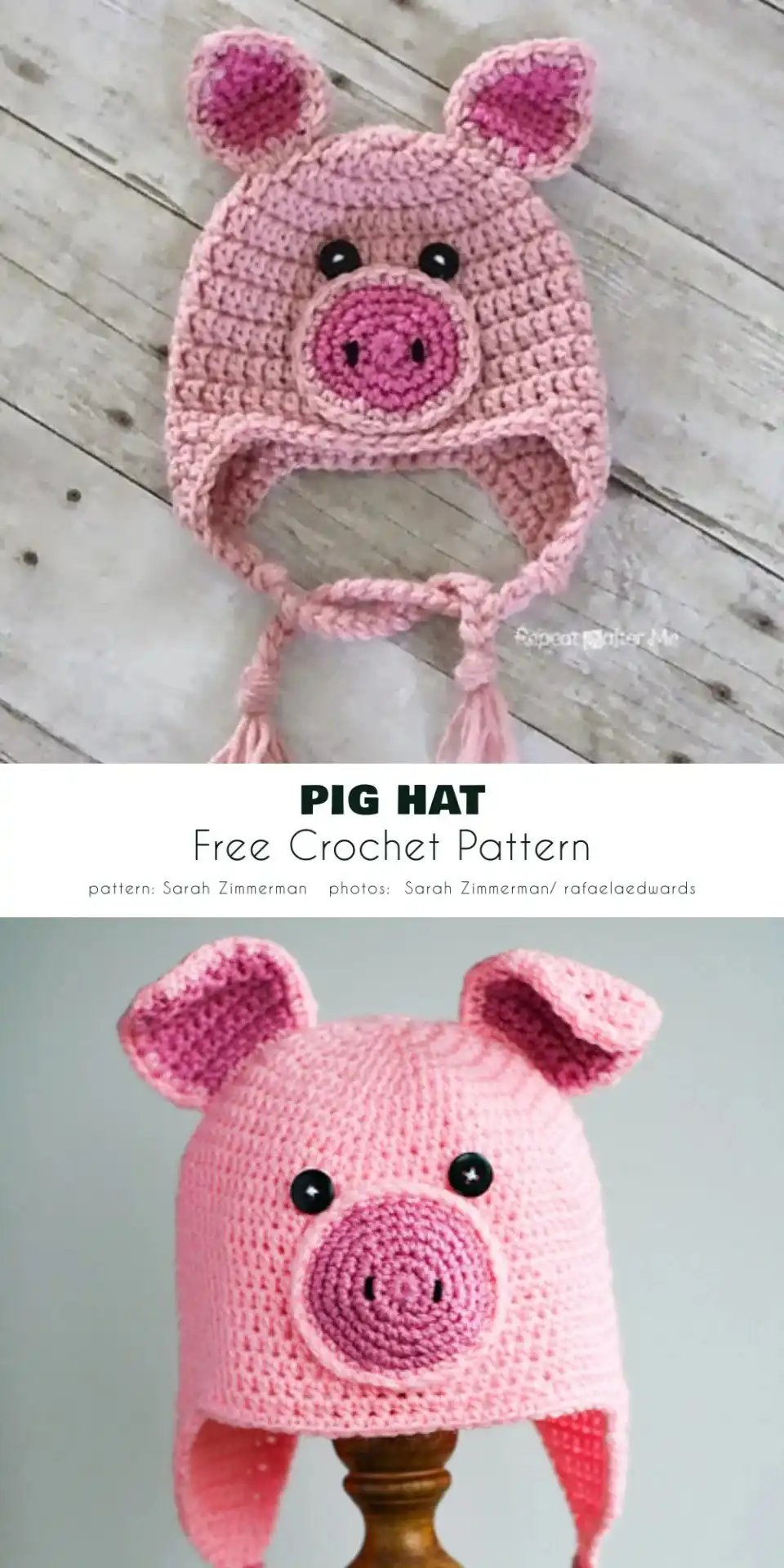 Close-up of a crocheted pig hat for a baby, featuring a round pink snout and perky ears with chin straps, from Pig Ideas for Baby and Toddler Free Crochet Patterns.