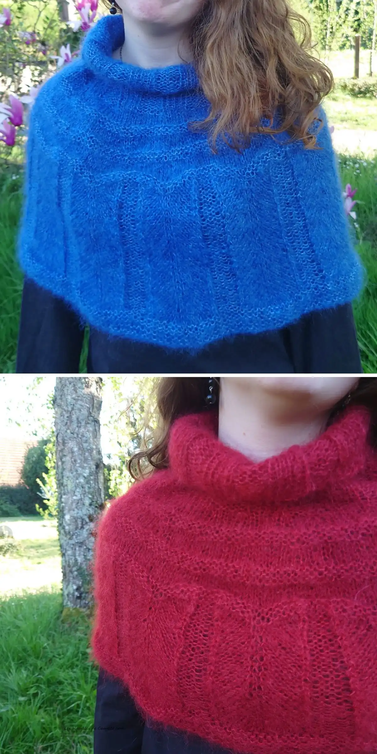 Asymmetrical drape poncho with a unique, modern bias-knit silhouette.