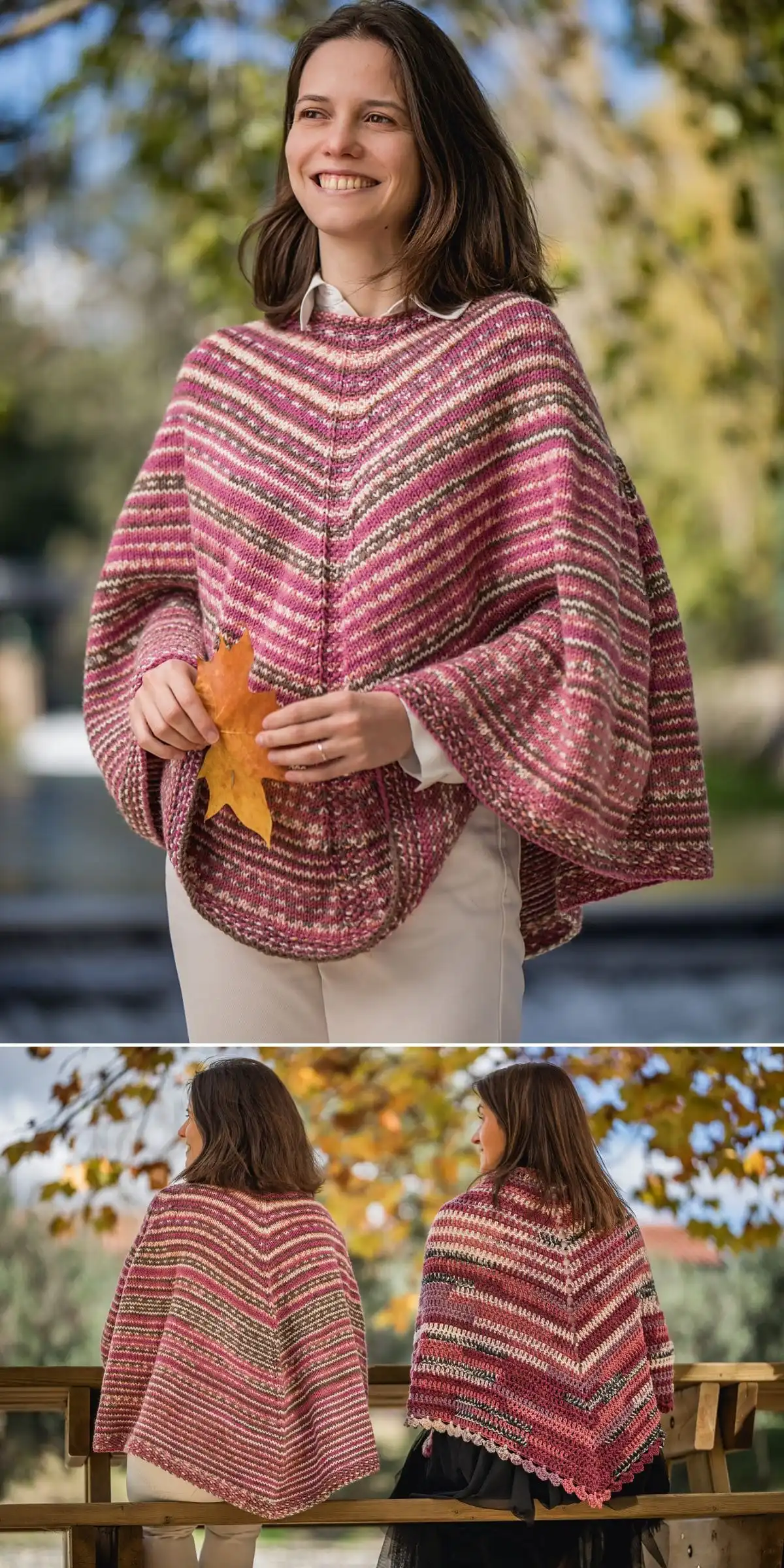 Two-tone reversible poncho showing contrasting colors on each side.