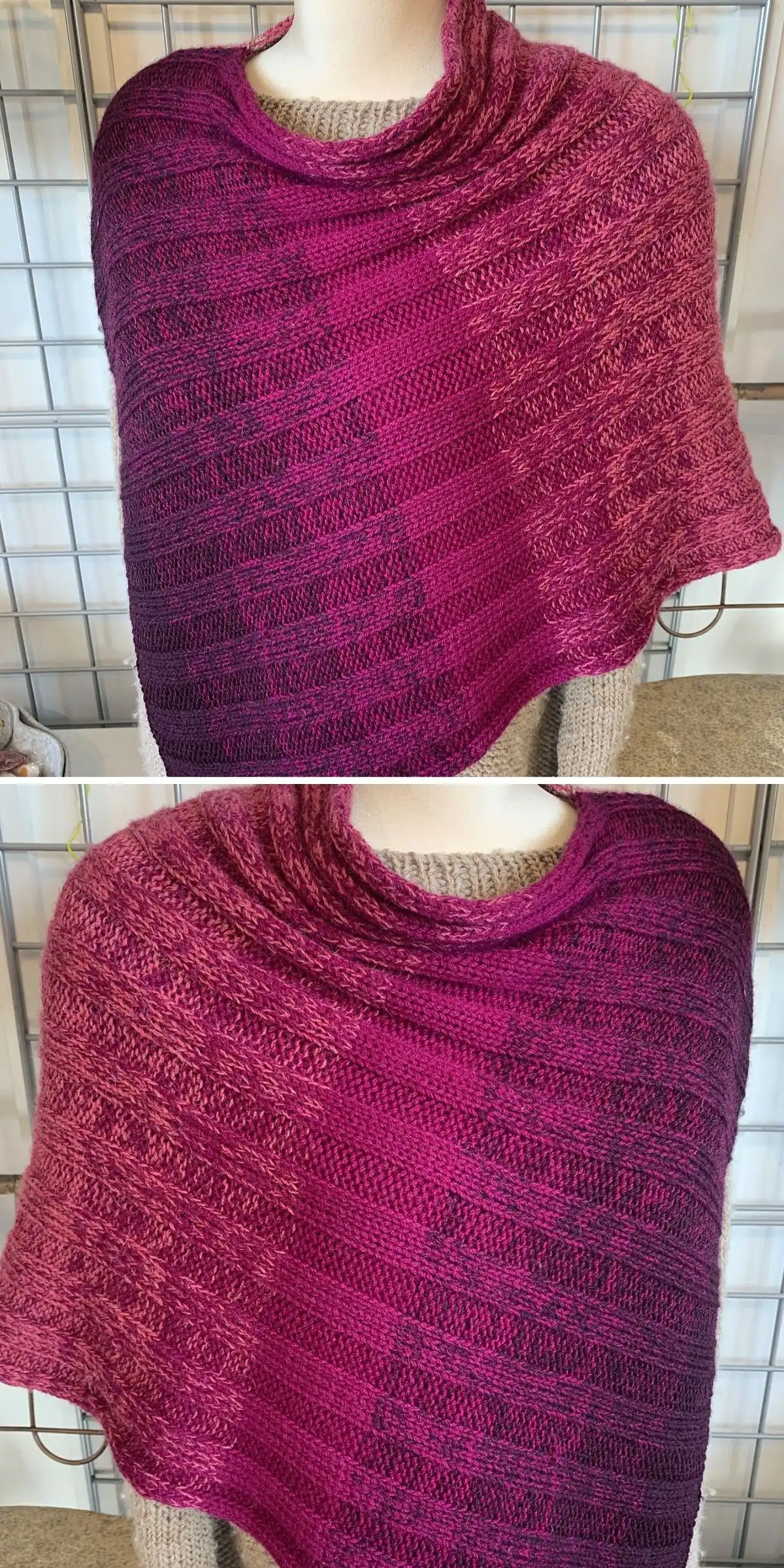 Cozy cabled V-neck poncho combining classic cables with an elegant neckline.