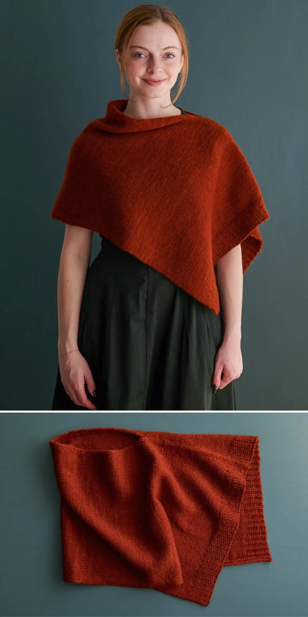 Seamless circular poncho knitted in the round with a continuous stitch pattern.