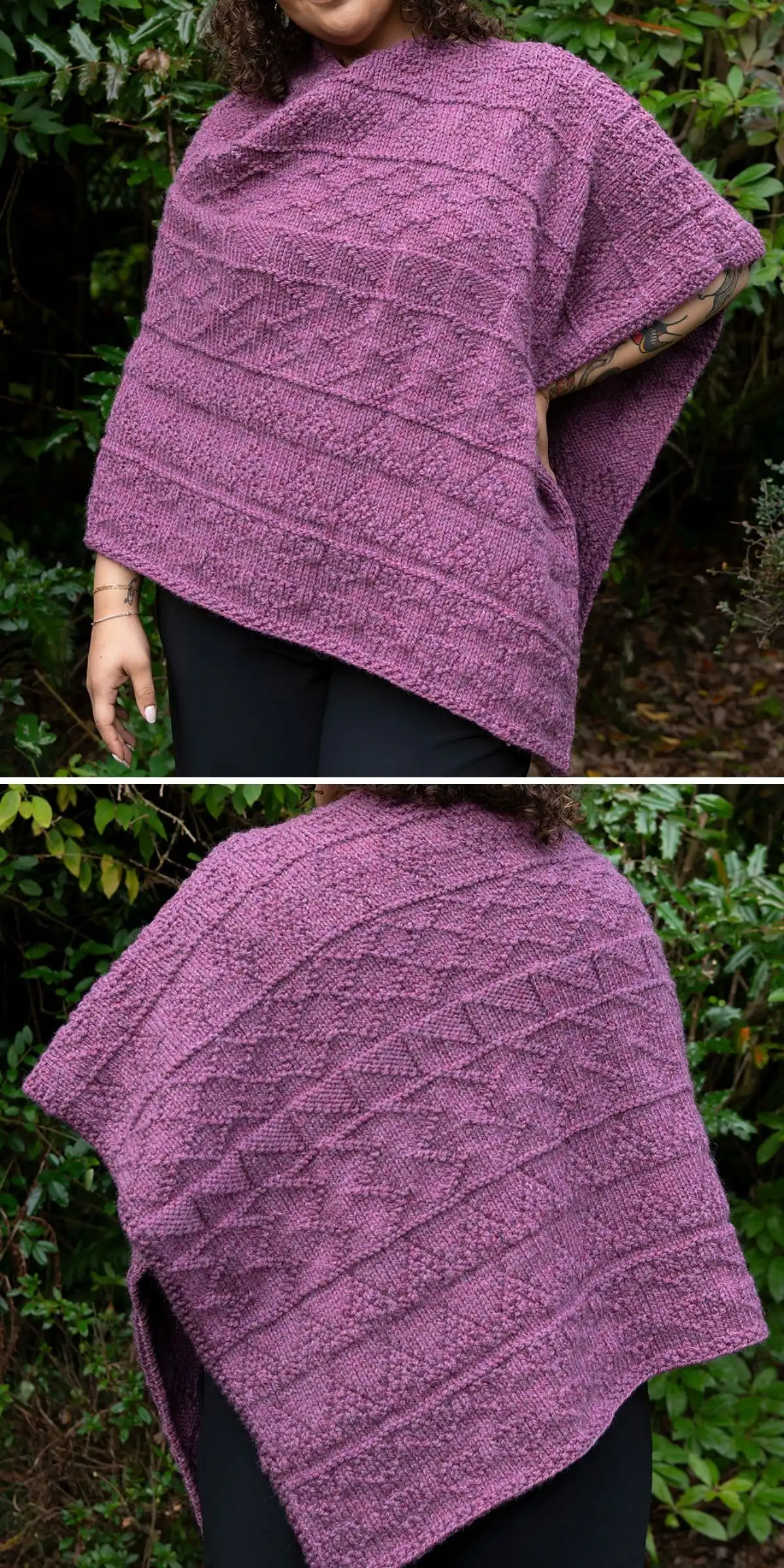 Aran Isle inspired poncho with a dense array of cables, bobbles, and moss stitch.