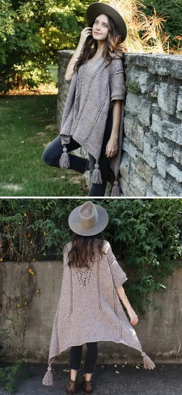 Rustic cable knit poncho featuring intricate cable designs and chunky yarn texture.
