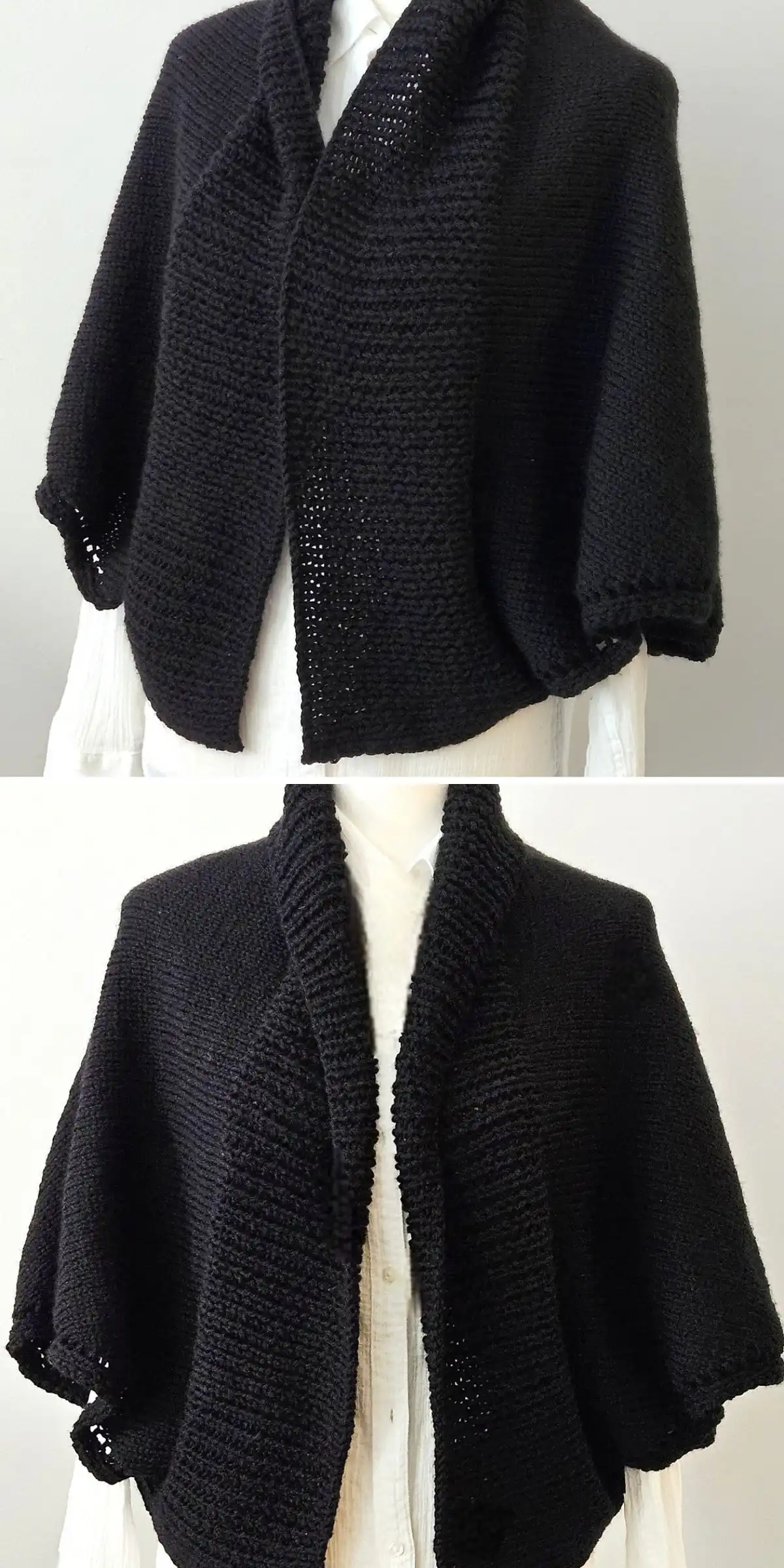 Oversized sweater poncho combining the warmth of a sweater with poncho style.
