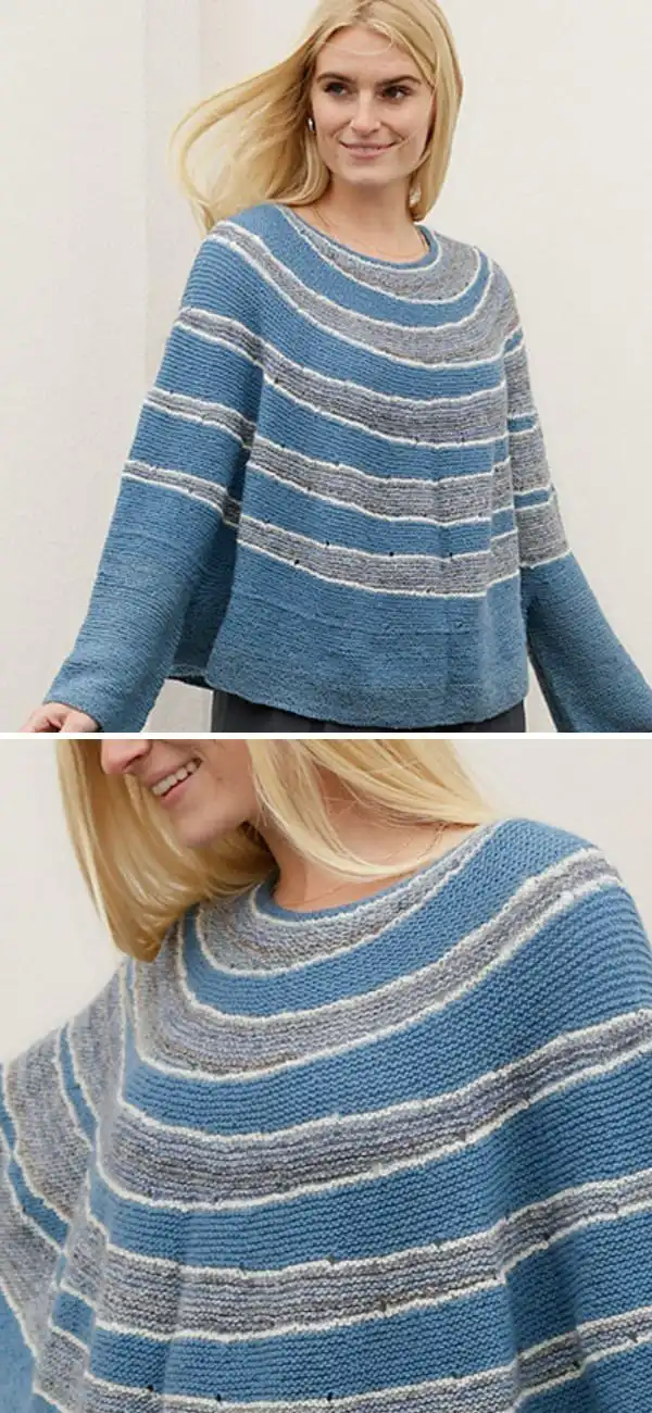 Simple garter stitch wrap poncho in a vibrant variegated yarn.