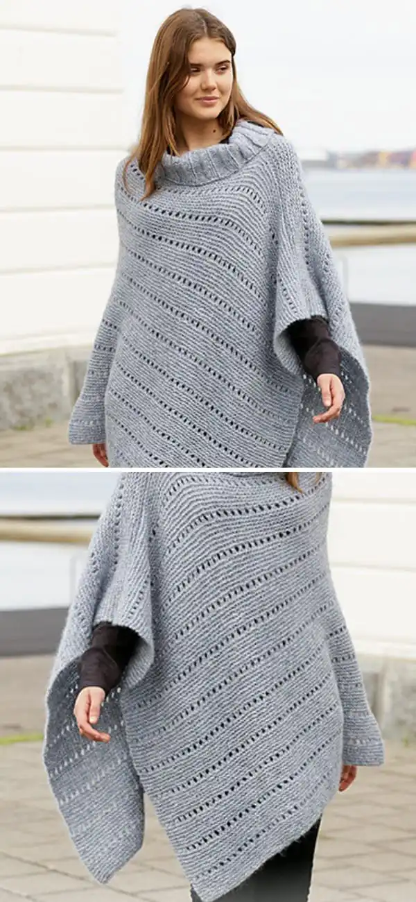 Textured seed stitch poncho in a soft, luxurious alpaca blend yarn.