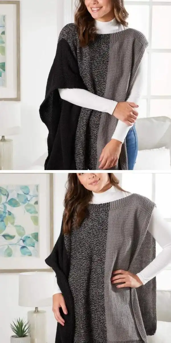 Chunky basketweave poncho knitted with super bulky yarn for extreme warmth.