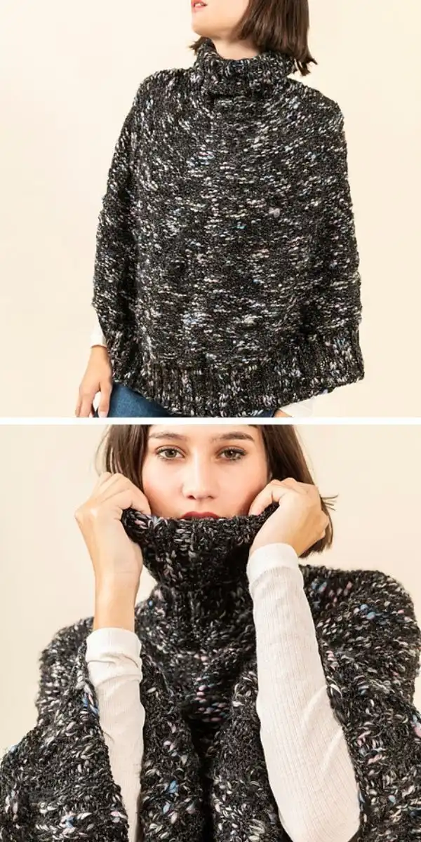Hooded comfort poncho made from soft, squishy yarn for added coziness.