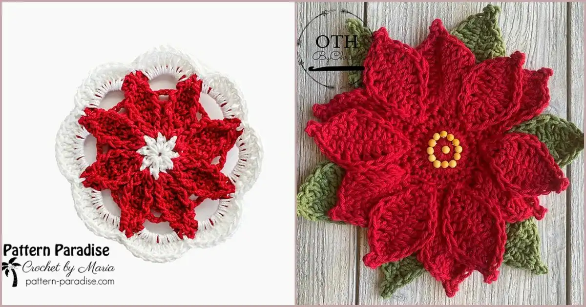 A collection of beautifully crocheted Poinsettia Coasters Free Crochet Patterns in traditional red and green, arranged festively on a table.