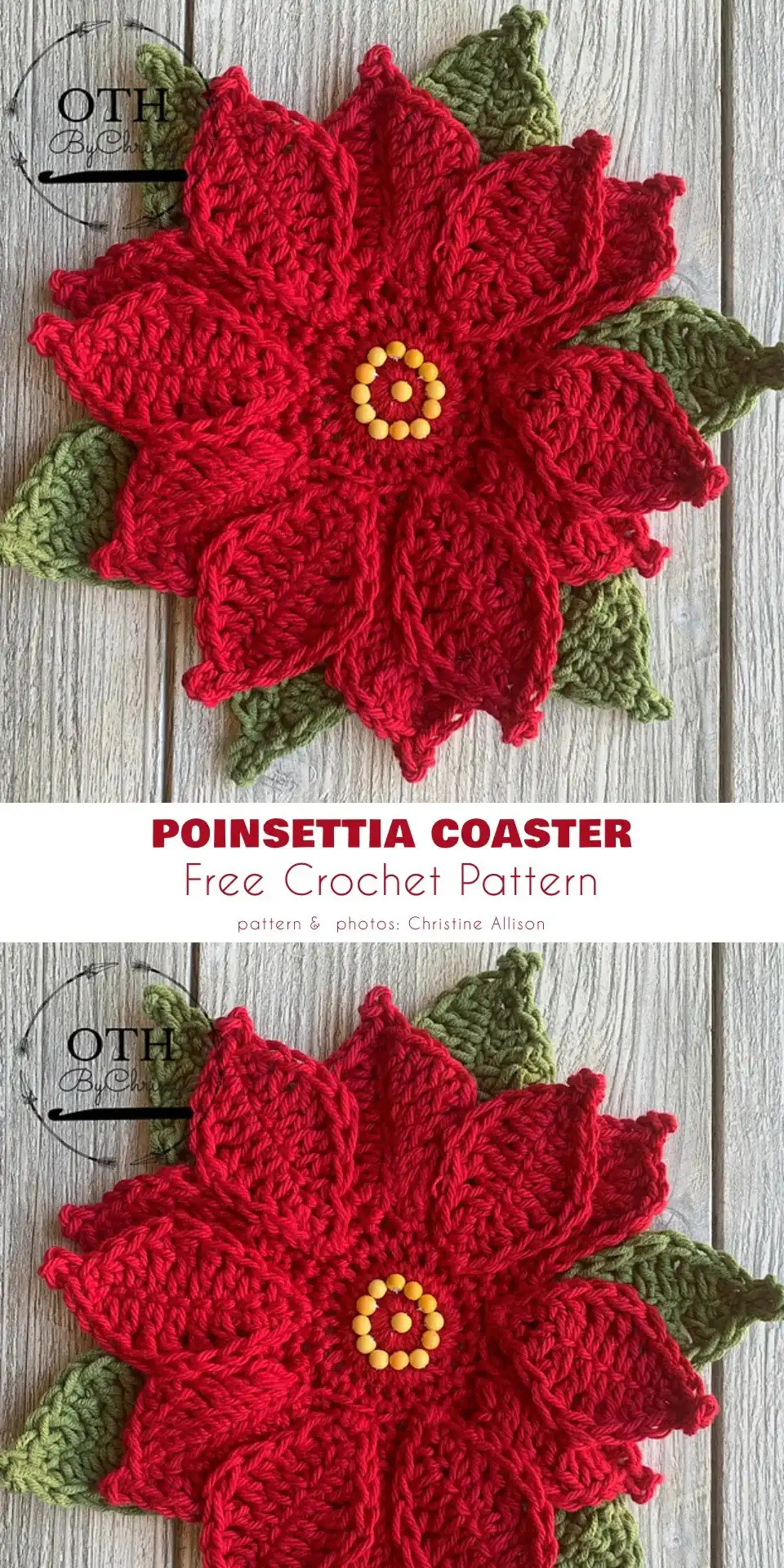 Close-up of a classic crocheted Poinsettia Coaster Free Crochet Pattern showing detailed red petals and green leaves, perfect for holiday decor.