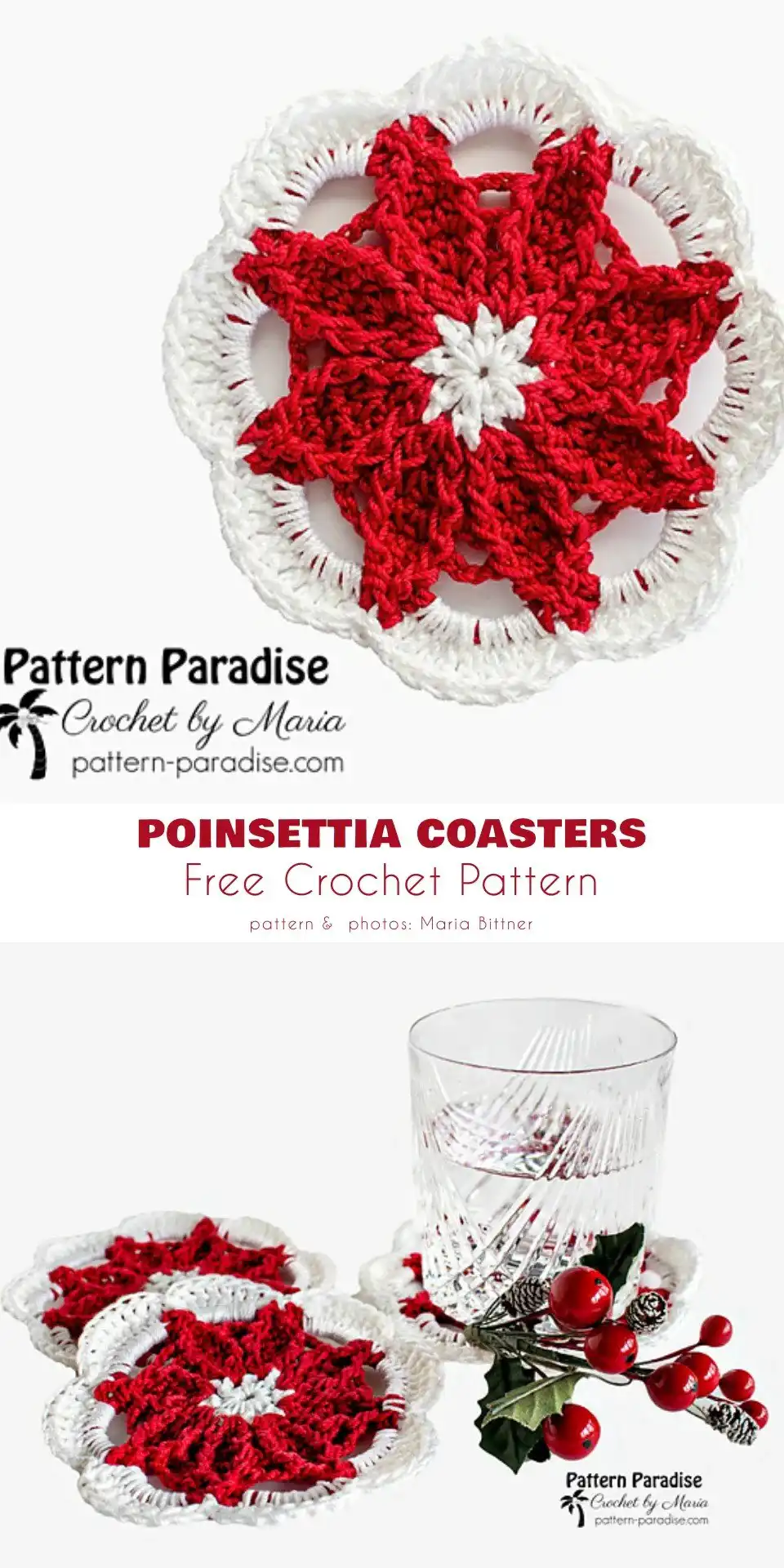 A layered 3D Poinsettia Coaster Free Crochet Pattern with multiple petal layers creating depth and texture, ideal for a sophisticated holiday table.
