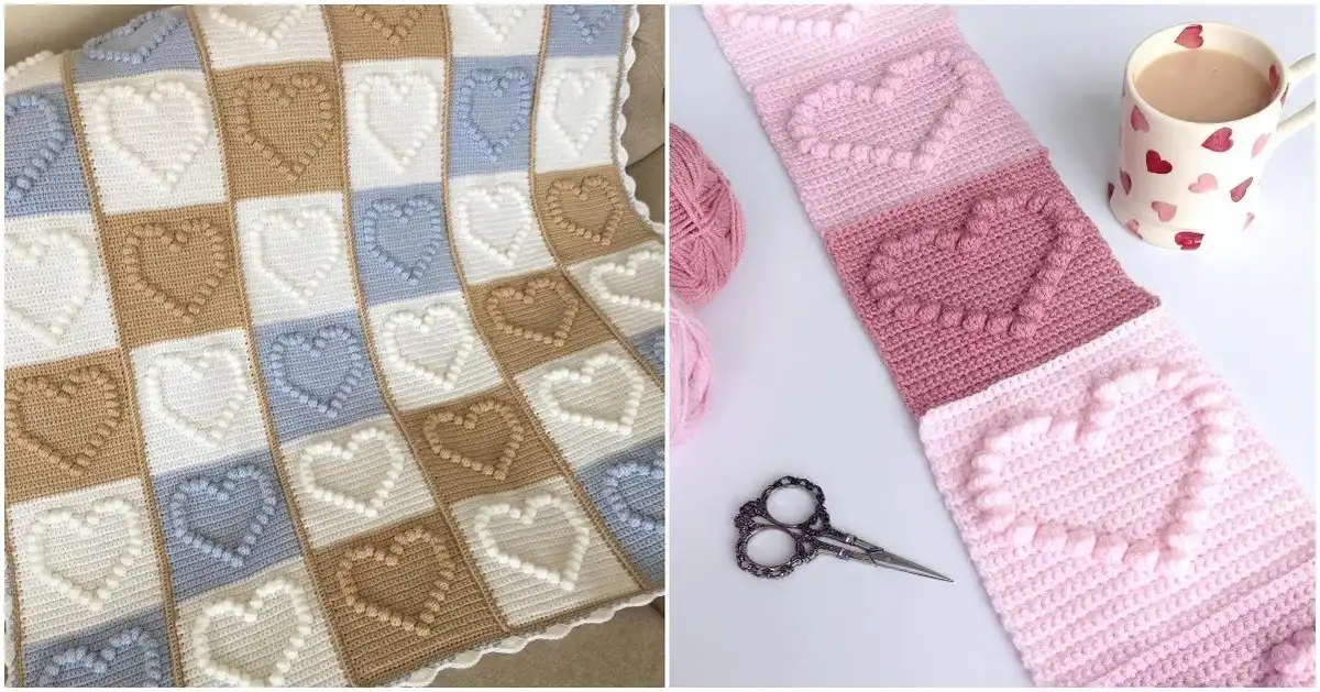 A cozy, handcrafted Popcorn Heart Blanket showcasing textured heart motifs in a soft, inviting color.