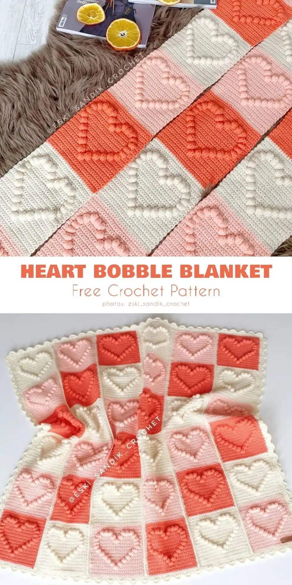 A patchwork blanket made of granny squares, each with a central popcorn heart, demonstrating a modular design.
