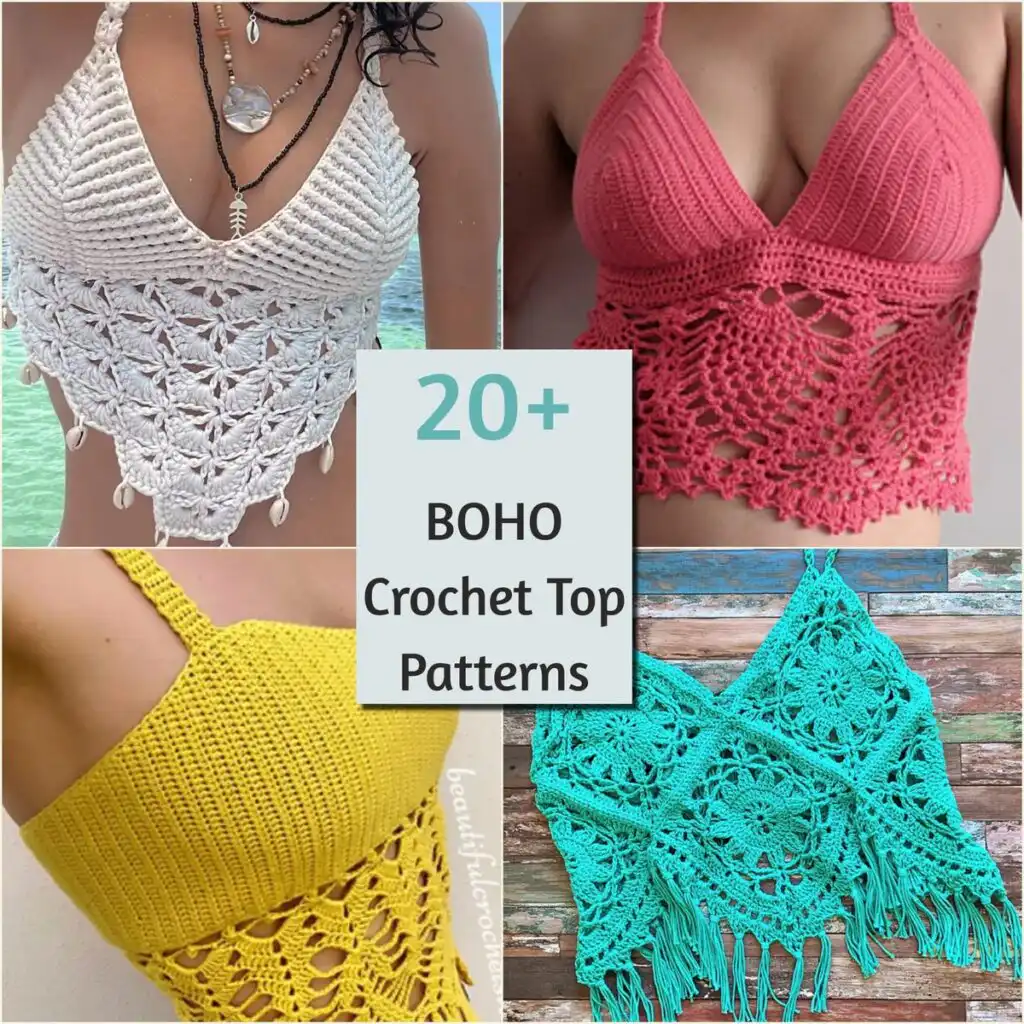A collection of various free crochet boho top patterns, including the Primrose Peplum Boho Top, showcasing diverse styles and textures for a stylish wardrobe.