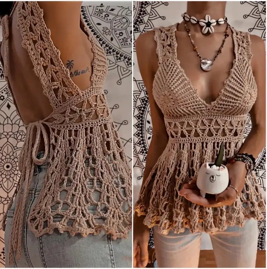 Two views of a person wearing a handmade beige Primrose Peplum Boho Top, a romantic crochet design with floral waistband.