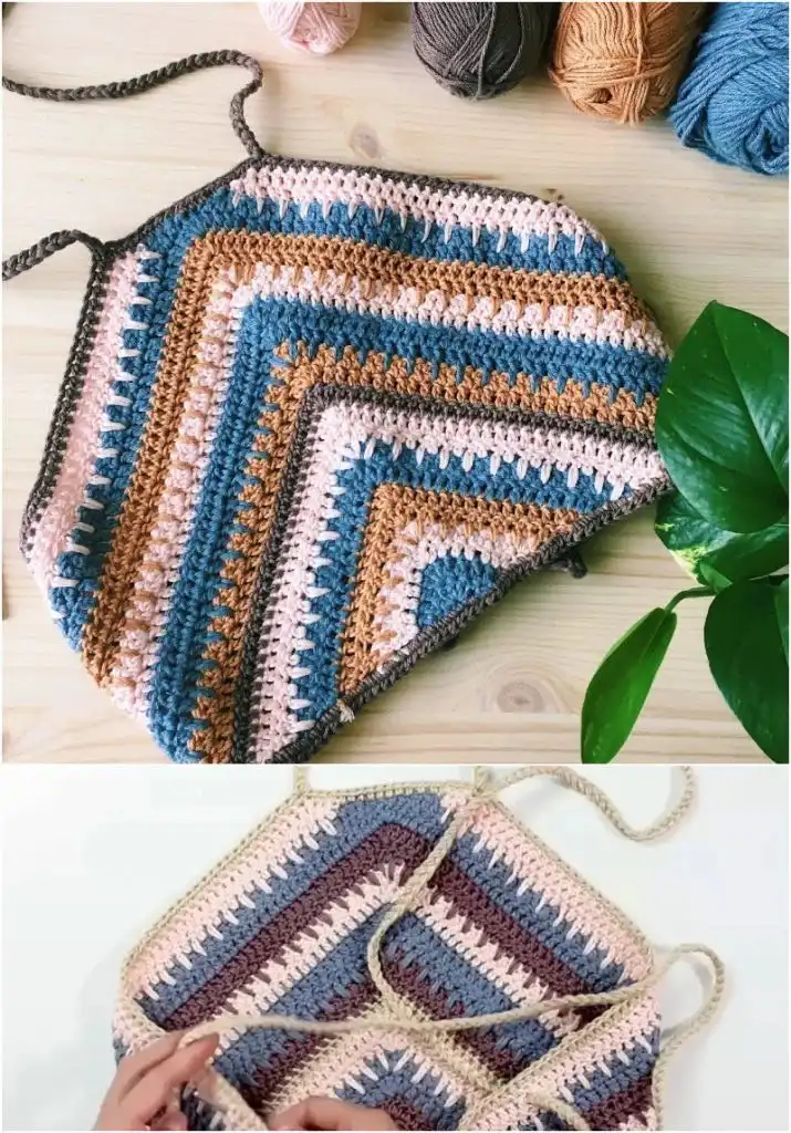 Multicolor geometric crochet halter crop top, ideal for summer outfits and beach days.