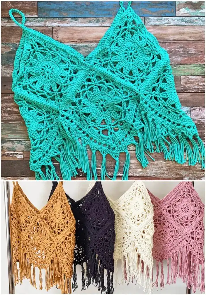 Collection of crochet boho tank tops with lacy flower granny squares and fringe in various colors.