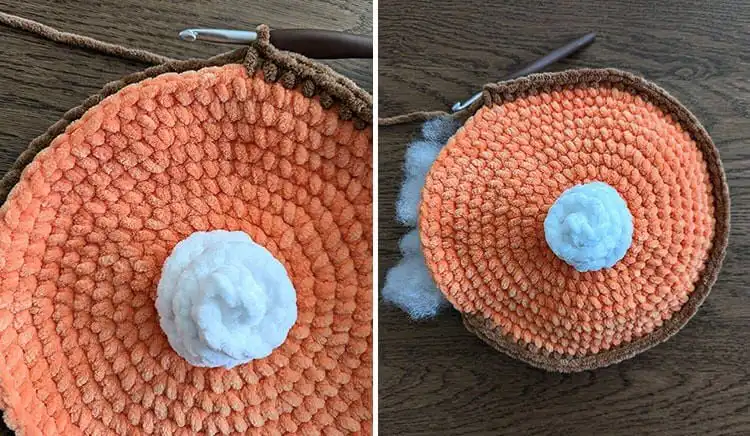 Step-by-step image showing the pumpkin pie filling being attached to the crust with tan yarn, illustrating the assembly process of the crochet pattern.