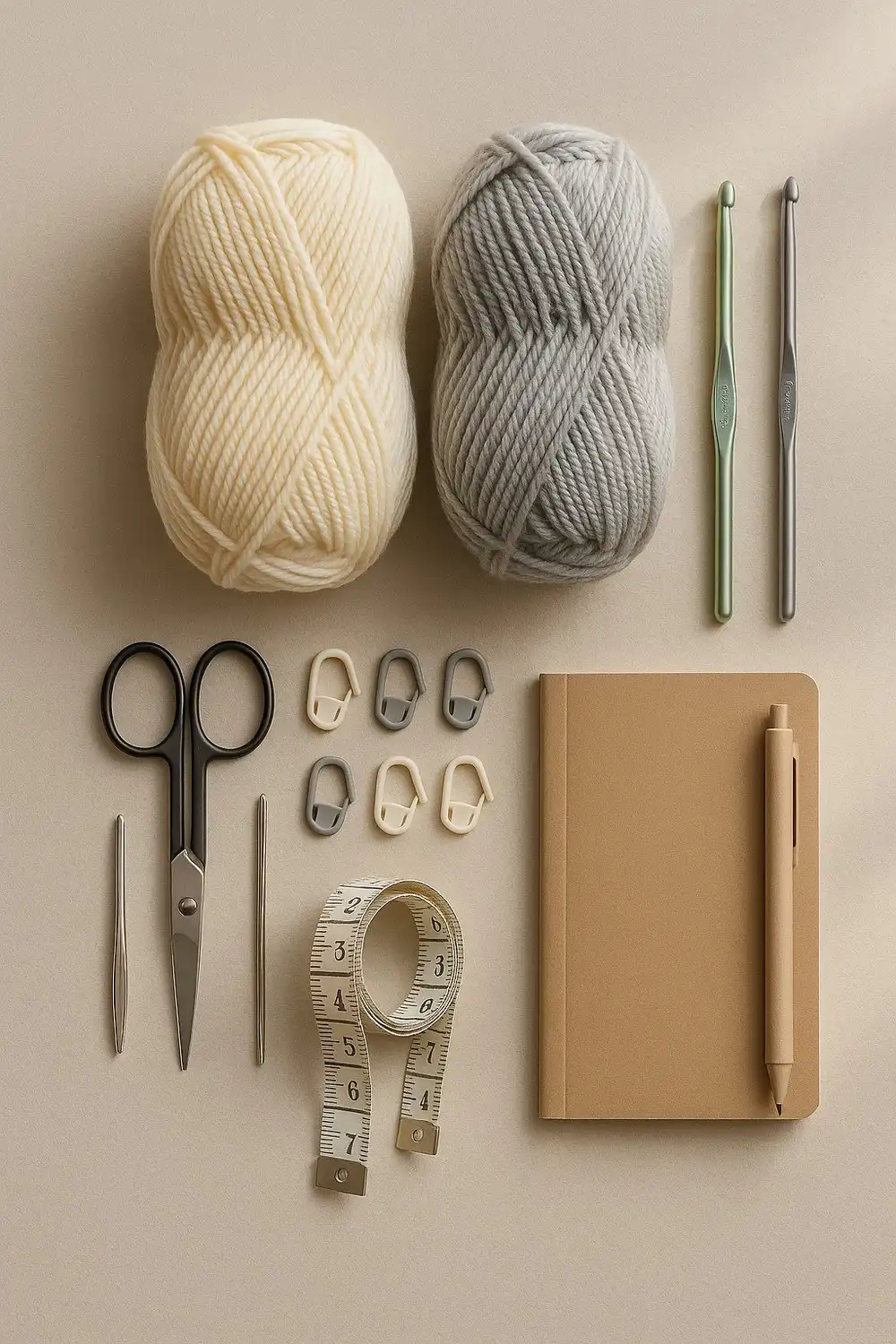 Flat lay of all essential supplies for the quick and simple crochet sweater pattern free, including yarn, hooks, markers, and scissors.