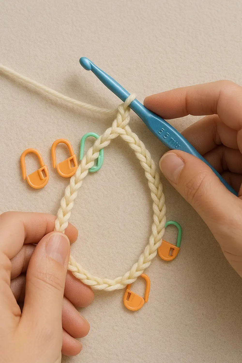 Close-up of the initial neckline and marker setup for the quick and simple crochet sweater pattern free, showing the foundation chain and stitch markers.