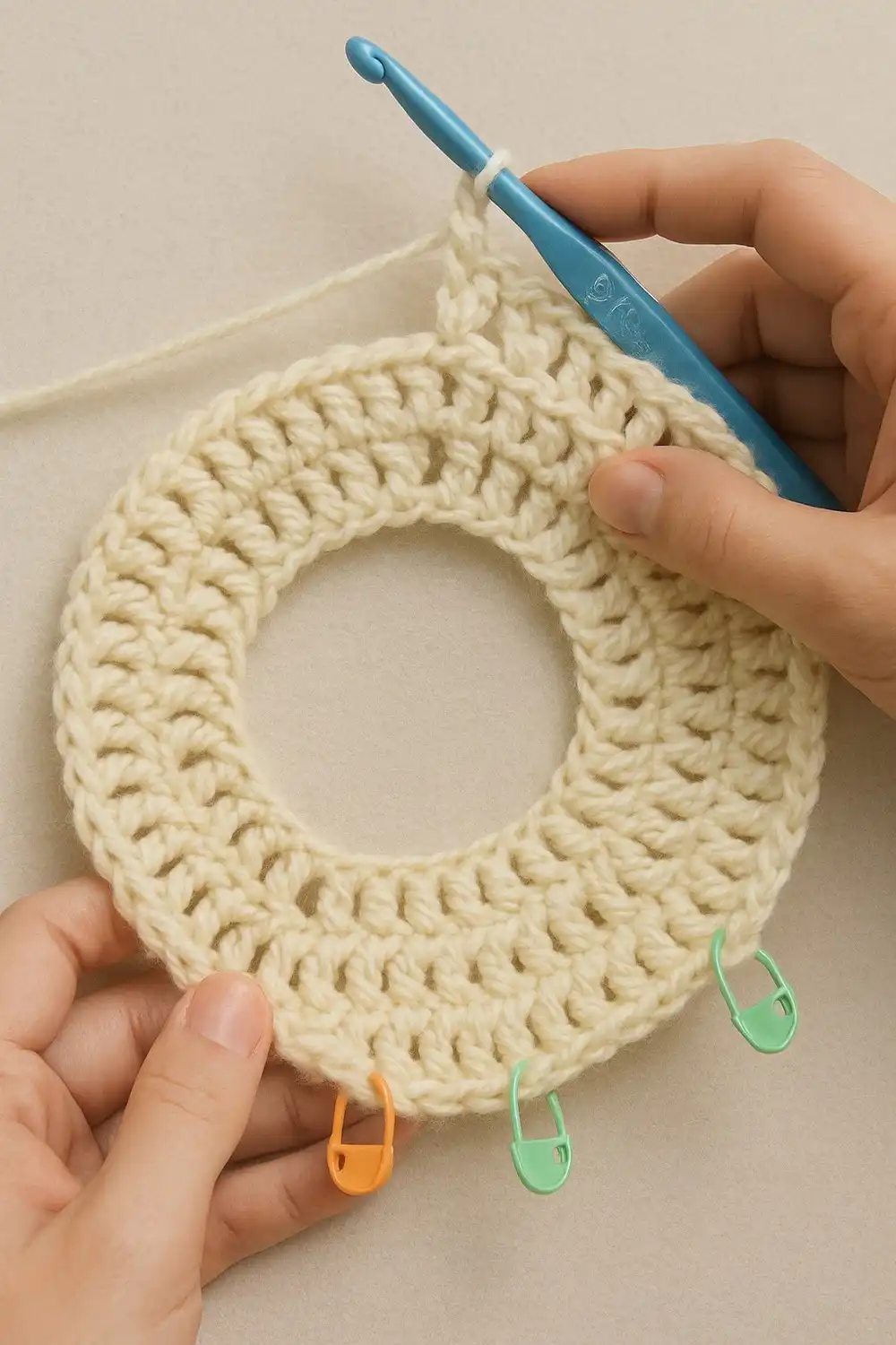 Detailed view of raglan increase rounds in progress for the quick and simple crochet sweater pattern free, highlighting the corner stitches.
