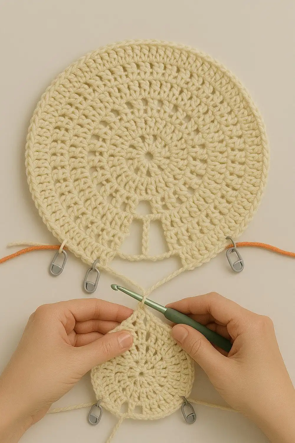 Image showing how to split for sleeves in the quick and simple crochet sweater pattern free, with stitches on waste yarn and underarm chain.