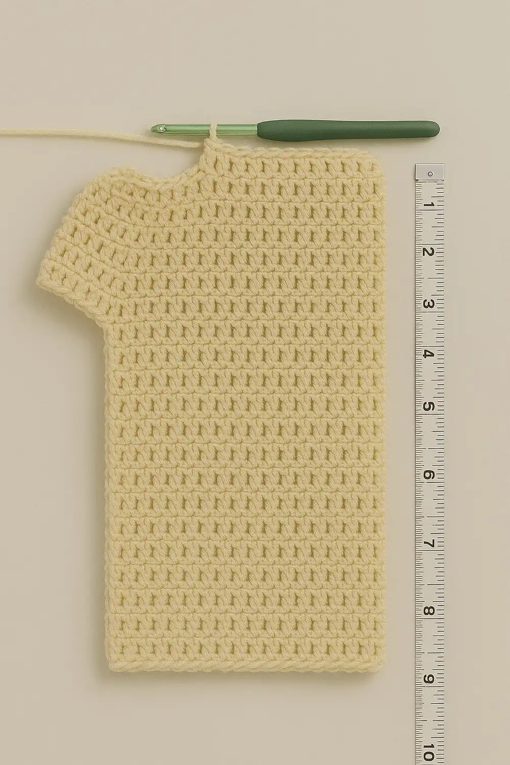 Crocheted body of the quick and simple crochet sweater pattern free in progress, showing even double crochet stitches.
