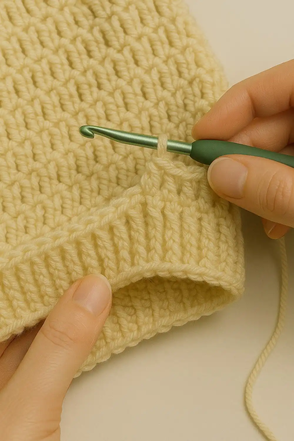Close-up of the finished hem ribbing on the quick and simple crochet sweater pattern free, showing detailed post stitches.