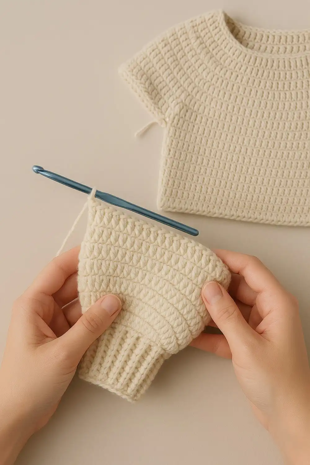 Finished sleeve with cuff ribbing for the quick and simple crochet sweater pattern free, ready for weaving in ends.
