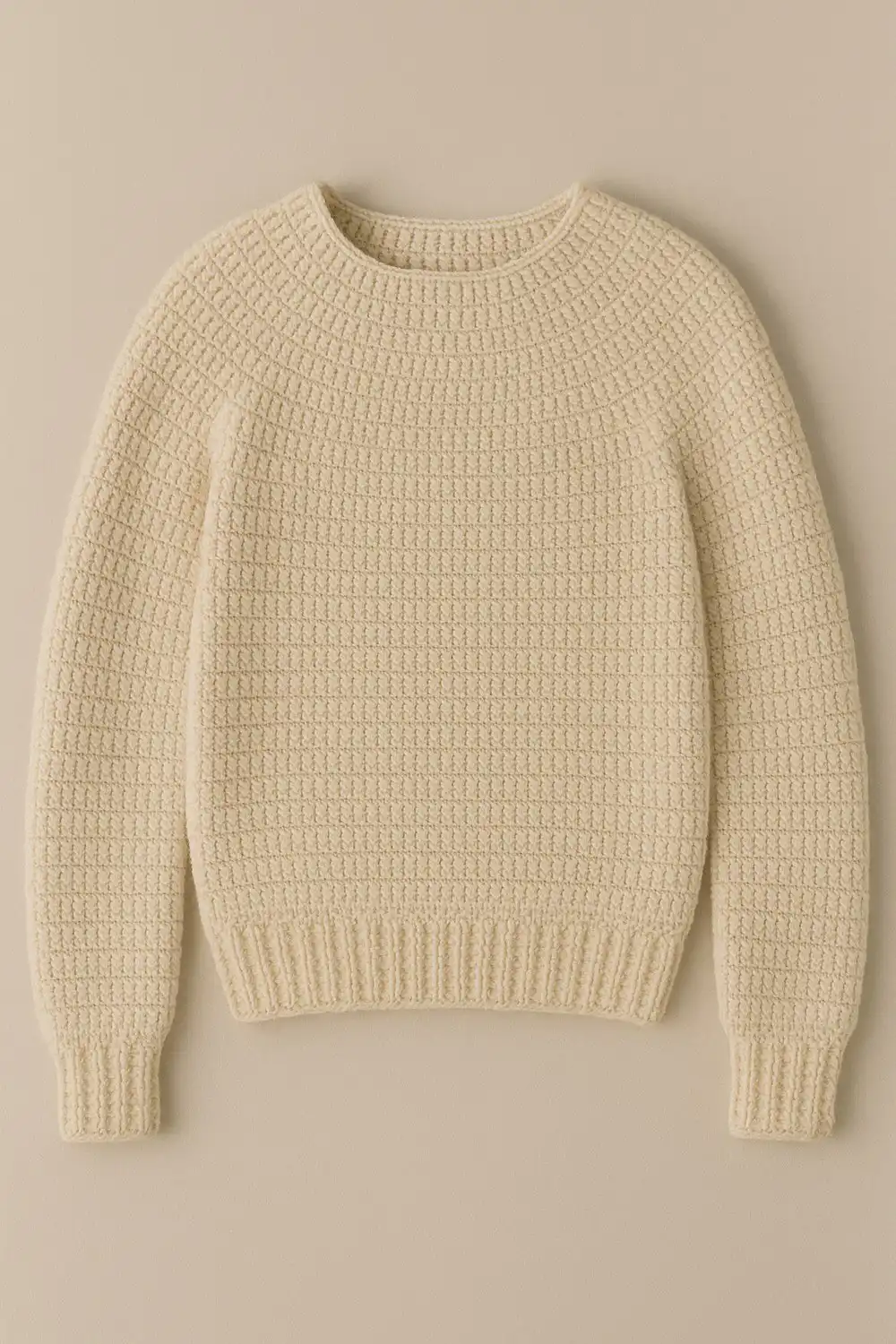 Completed quick and simple crochet sweater pattern free, beautifully laid out, showcasing its elegance and cozy craftsmanship.