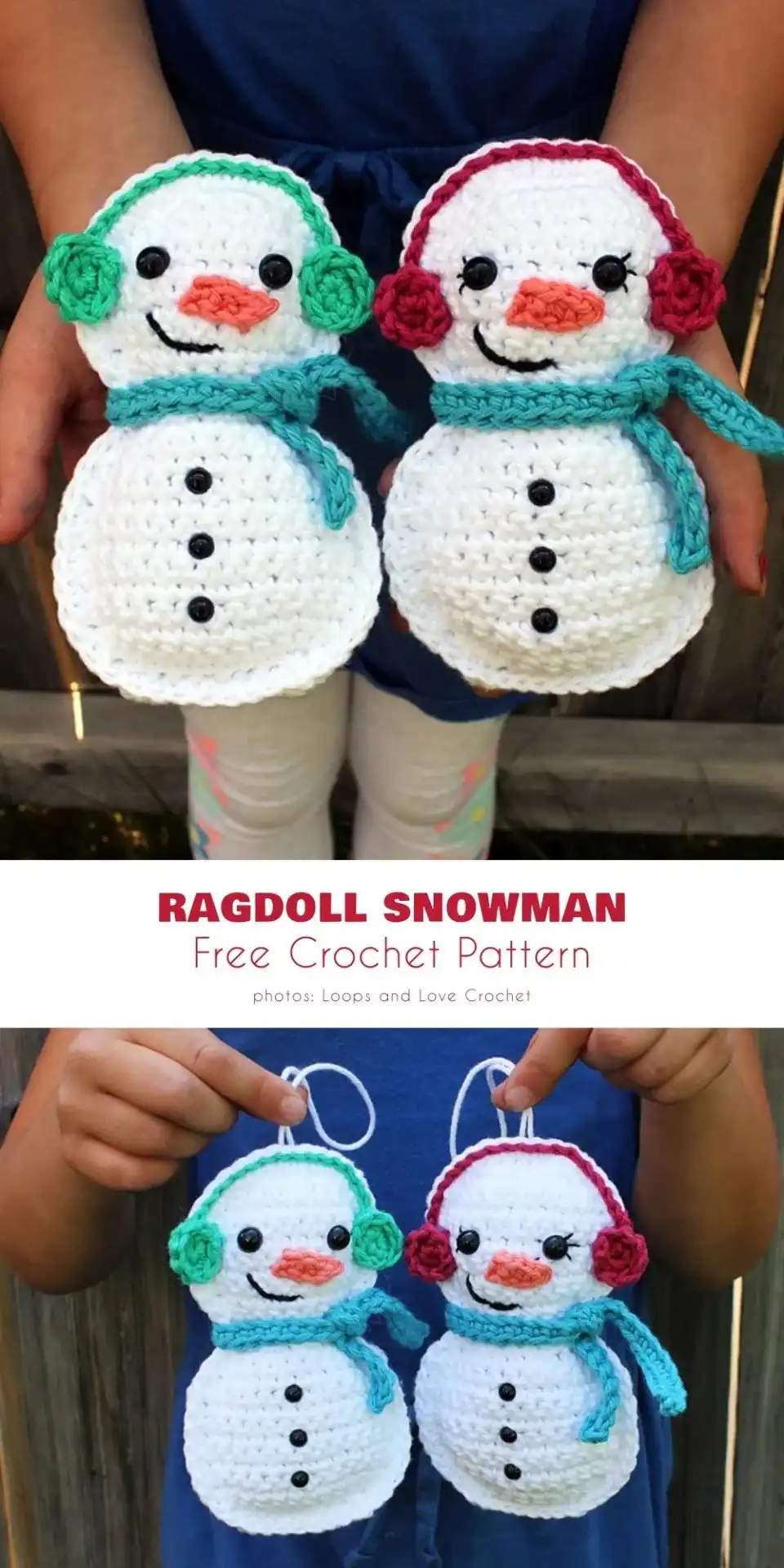 Festive Ragdoll Snowman Ornament Crochet Pattern with a small scarf and hat.