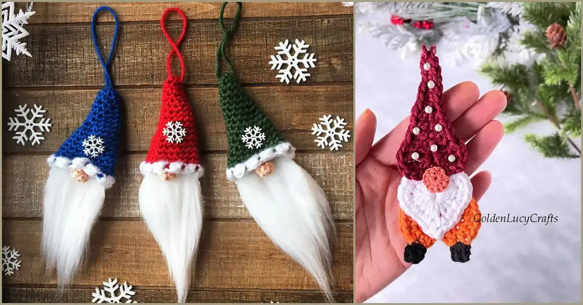 Santa Gnome Christmas Ornament Free Crochet Patterns 1 A collection of adorable handmade Santa Gnome Christmas Ornament Free Crochet Patterns displayed on a festive tree with lights.
