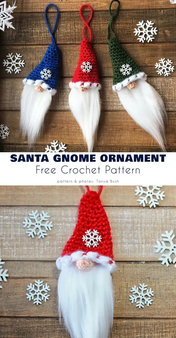 Santa Gnome Christmas Ornament Free Crochet Patterns 2 Close-up of a crocheted Santa Gnome Christmas Ornament with a red hat and white beard hanging on a pine tree branch.