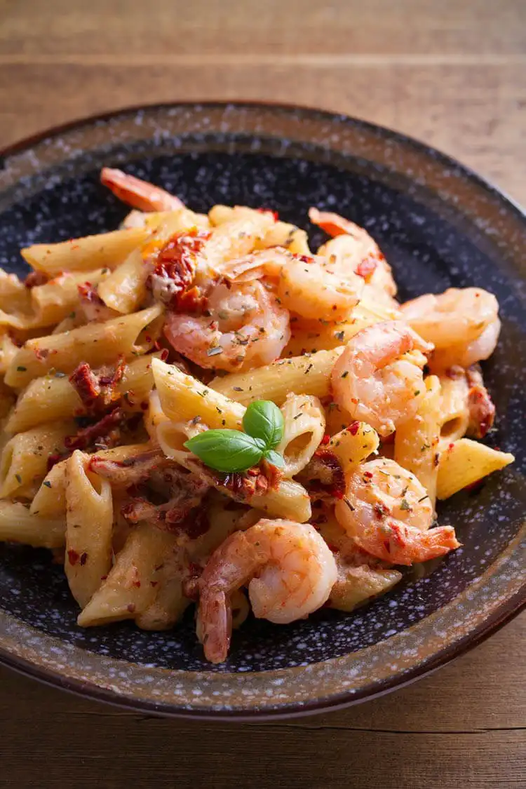 Creamy Mozzarella Shrimp Pasta in a bowl, with sun-dried tomatoes, basil, and melted mozzarella visible.