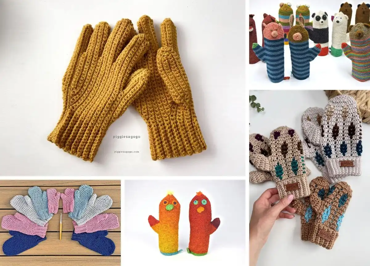 Collection of various crocheted gloves and mittens including cute Sheep Gloves Free Crochet Pattern designs displayed for winter comfort.