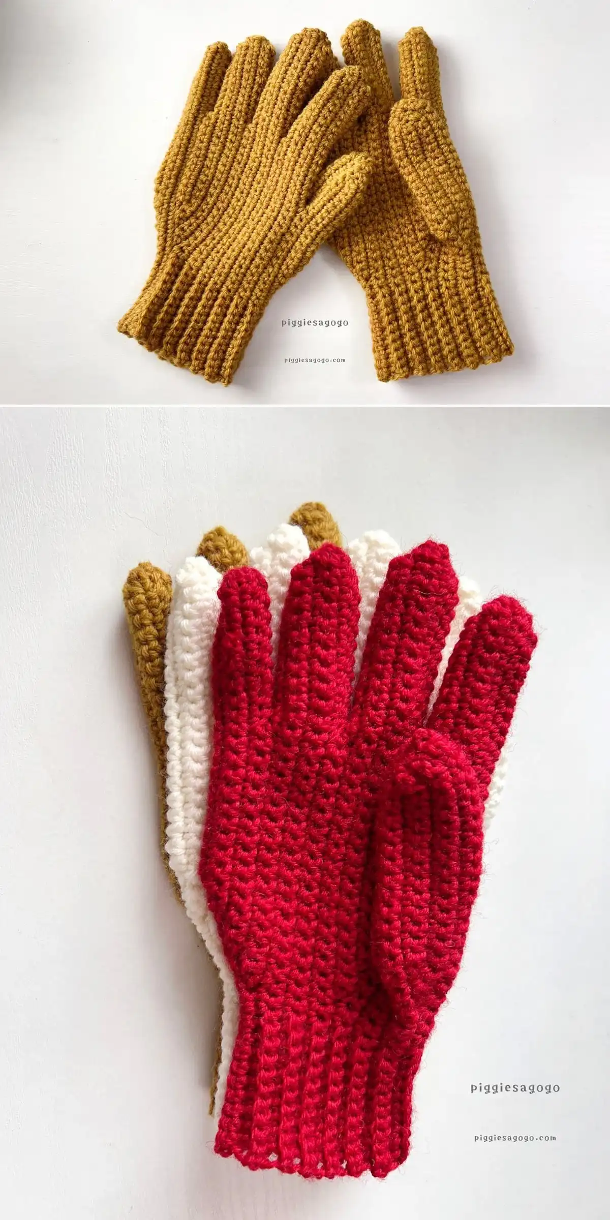 Mustard yellow ribbed crochet fingerless gloves, showcasing the 'Simply SC Gloves' pattern.