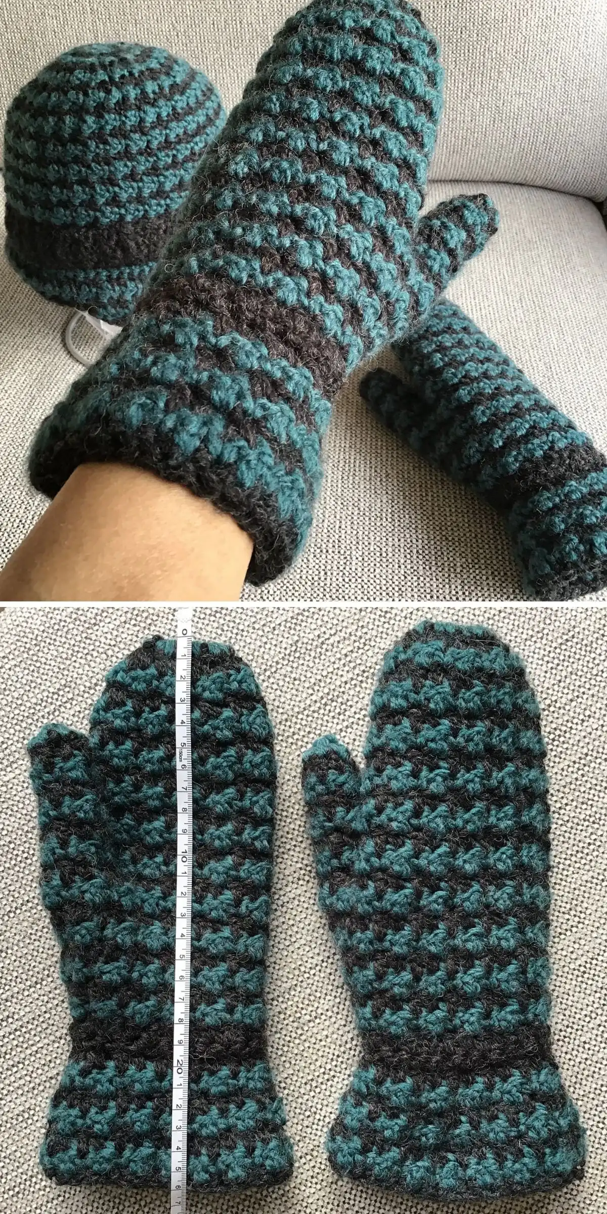 Teal and dark gray houndstooth crochet mittens and matching hat, illustrating the 'Houndstooth Mittens' pattern.