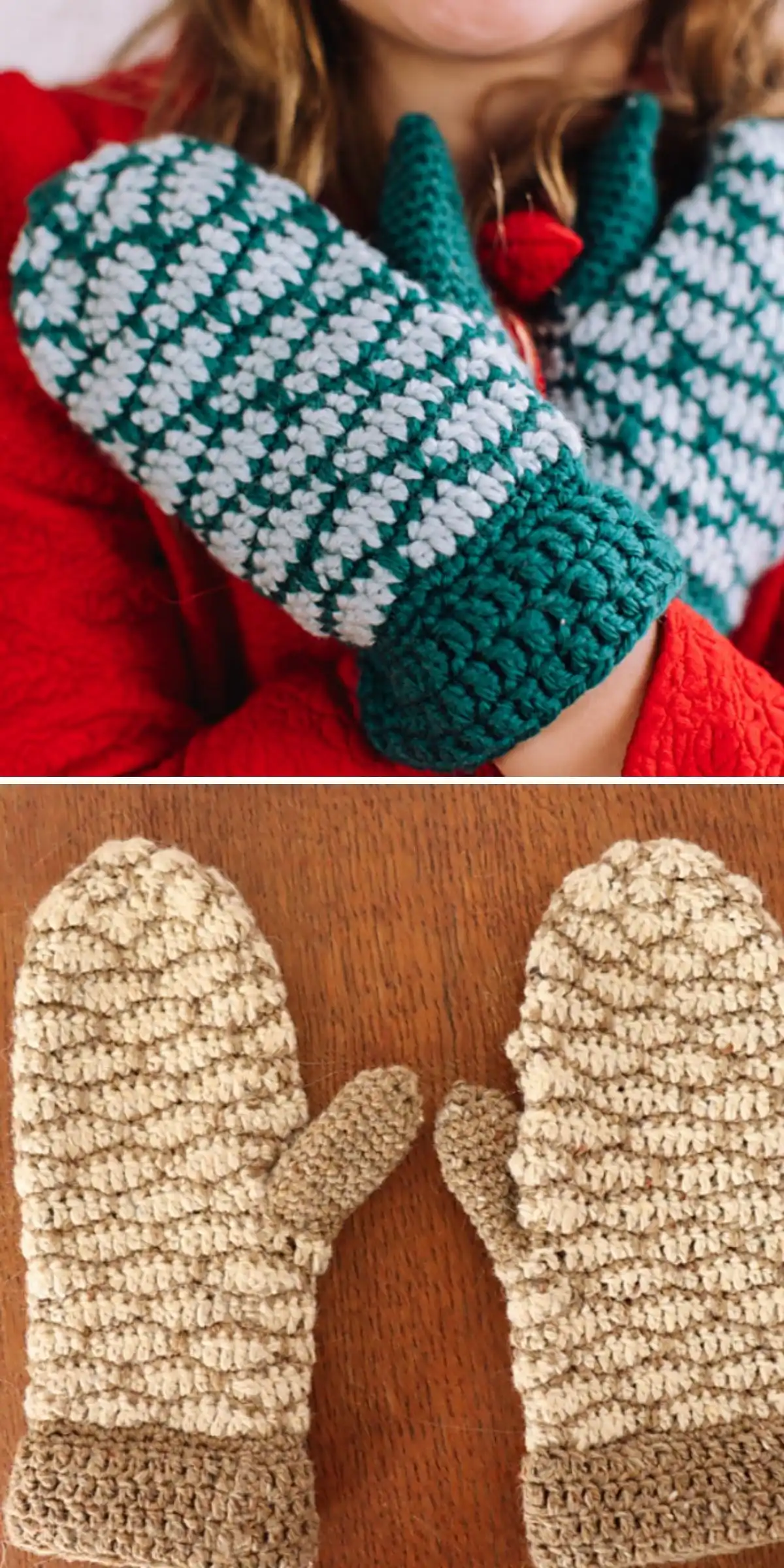 Blue and white two-tone crochet mittens with a wave pattern, depicting the 'Beenoskee Mittens' design.