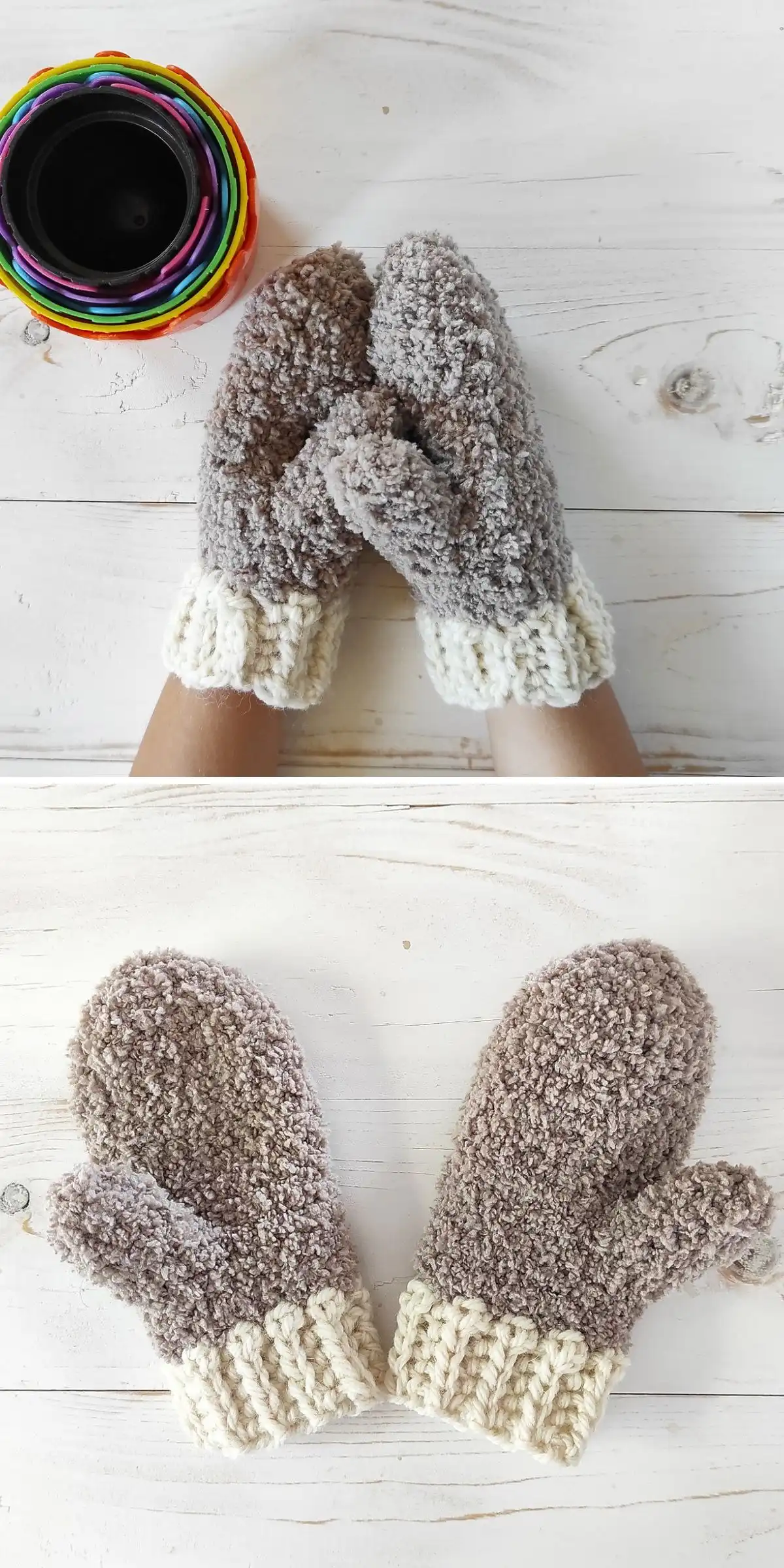 Brown fluffy crochet mittens with cream ribbed cuffs, from the 'Furry Gloves' pattern.