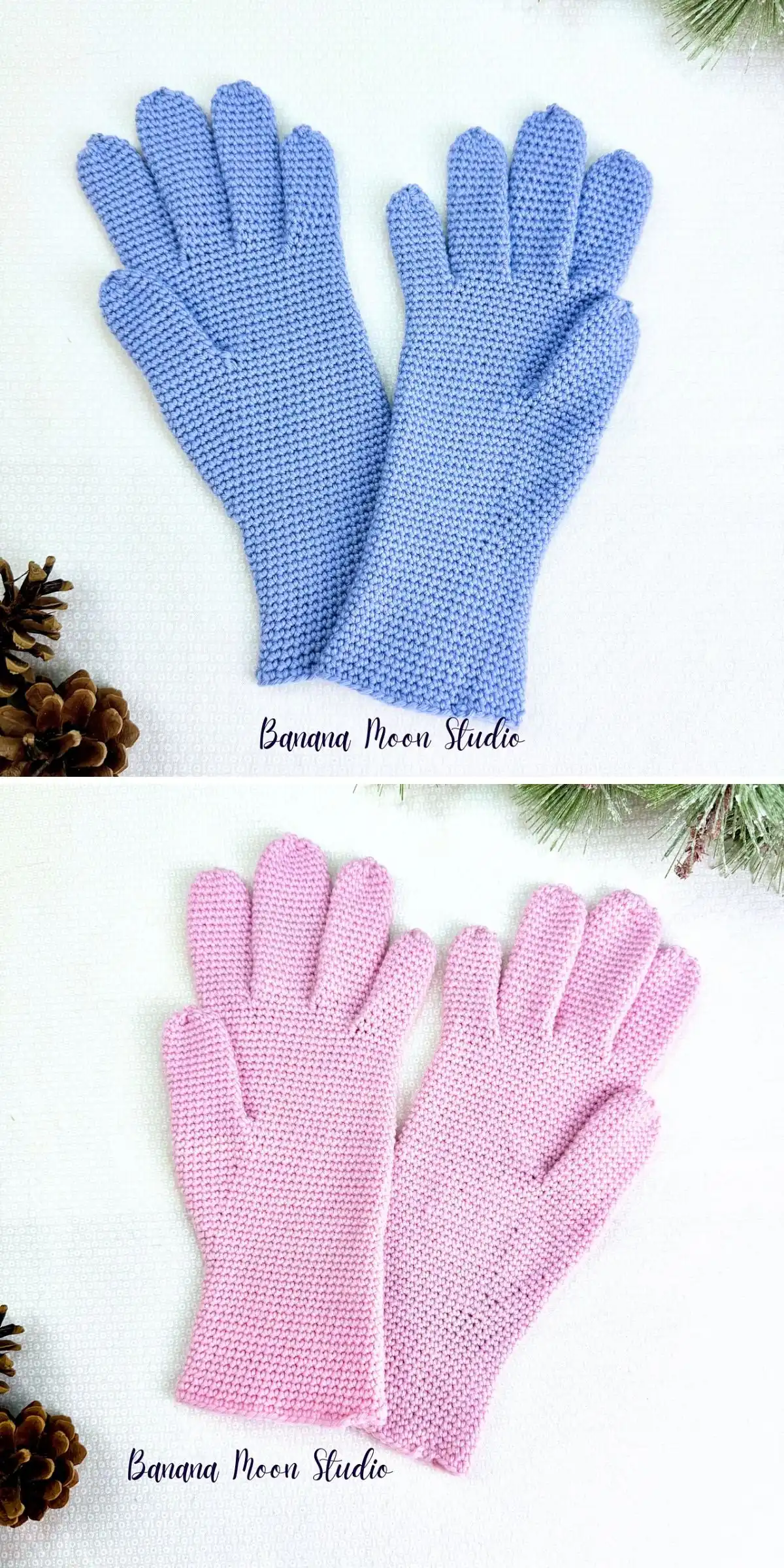 Blue and pink crocheted gloves with individual fingers, showcasing the 'Crochet Gloves with Fingers' pattern.